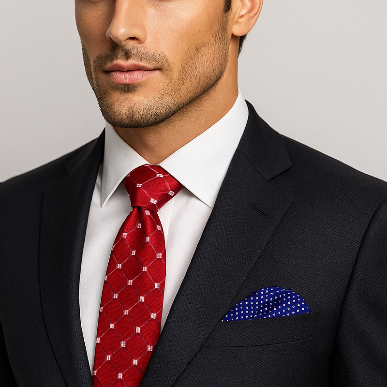 Man wearing a black suit with a red tie and blue pocket square against a gray background