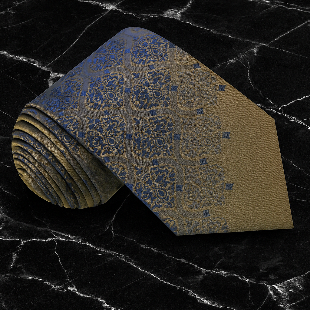 Folded patterned tie on a dark marble surface
