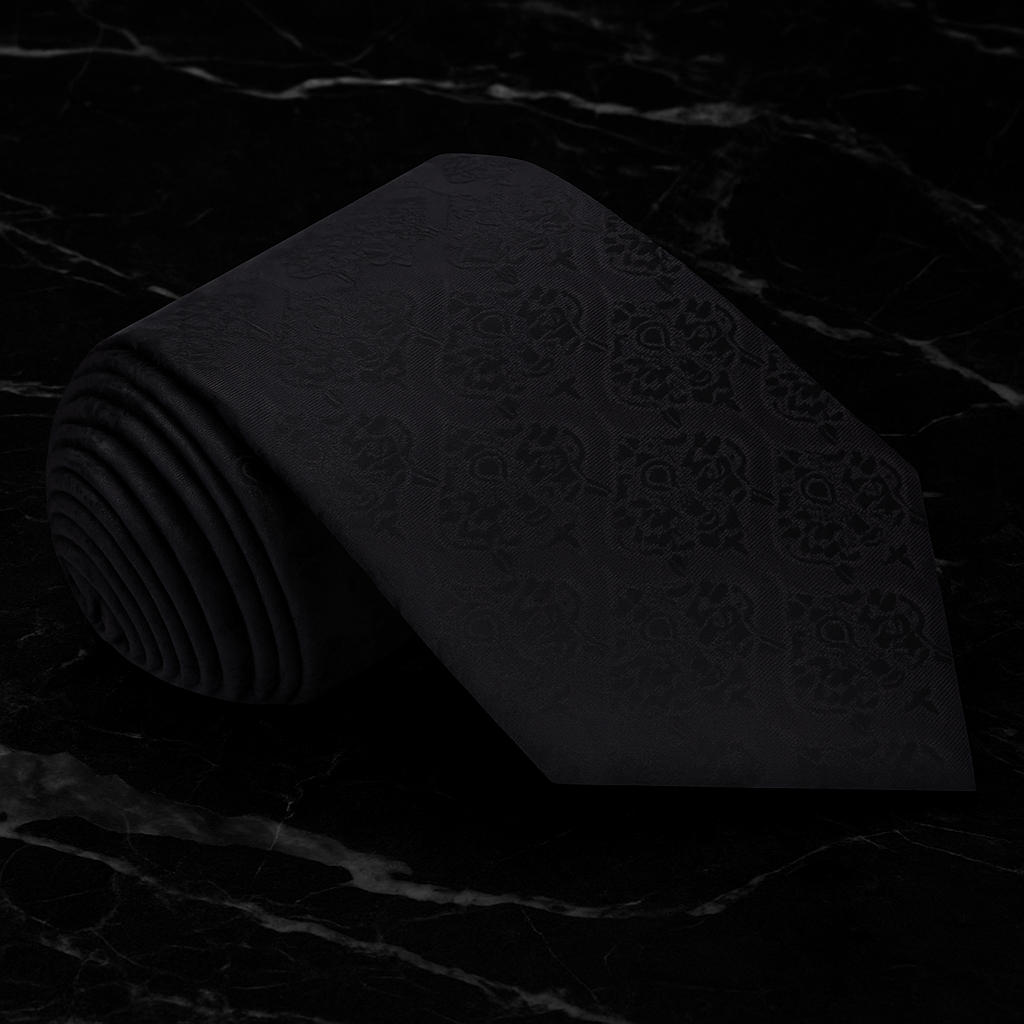 Roll of black fabric with a subtle pattern on a dark background