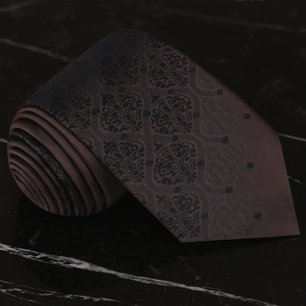 Dark patterned tie on a textured dark background