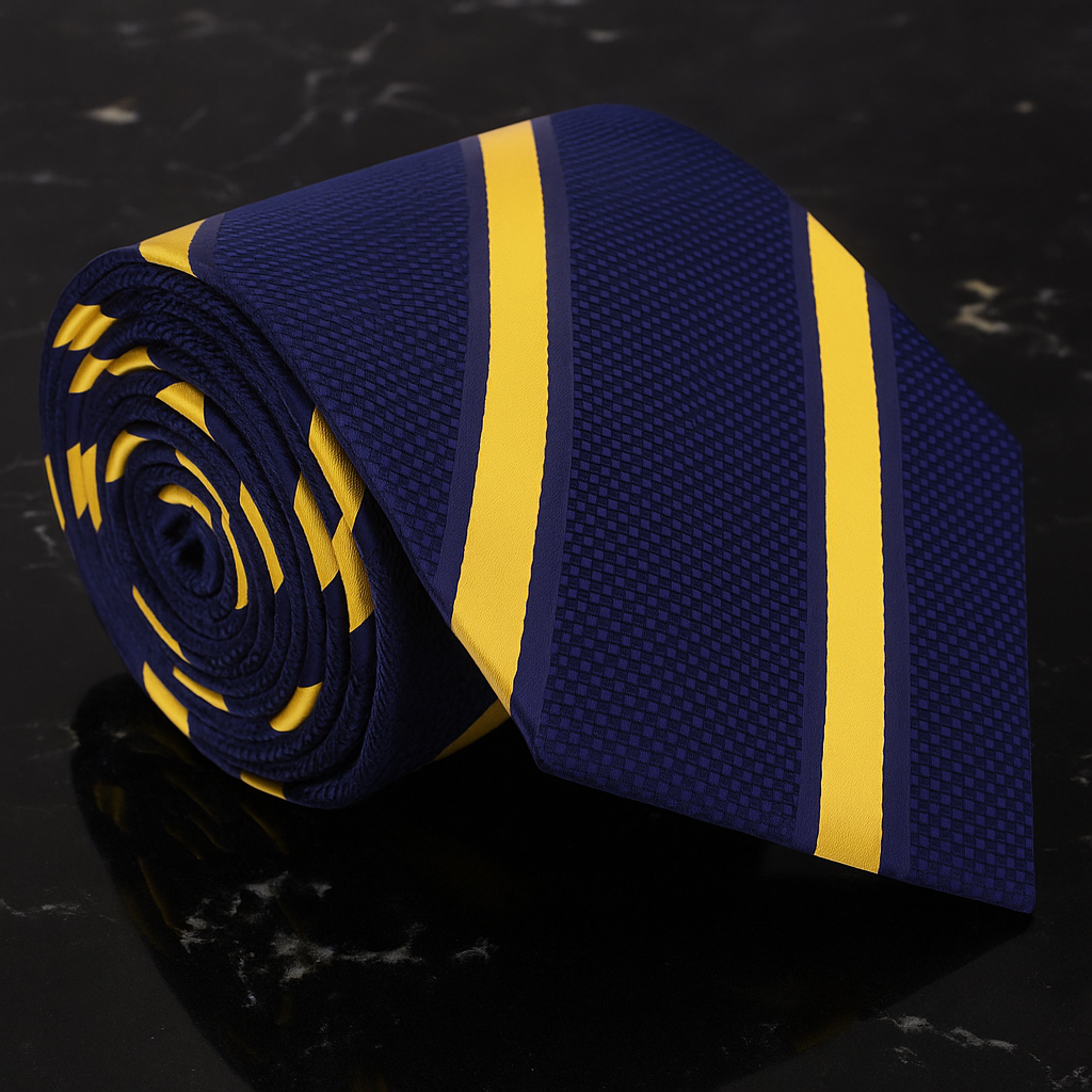 Rolled-up blue tie with yellow stripes on a reflective black surface
