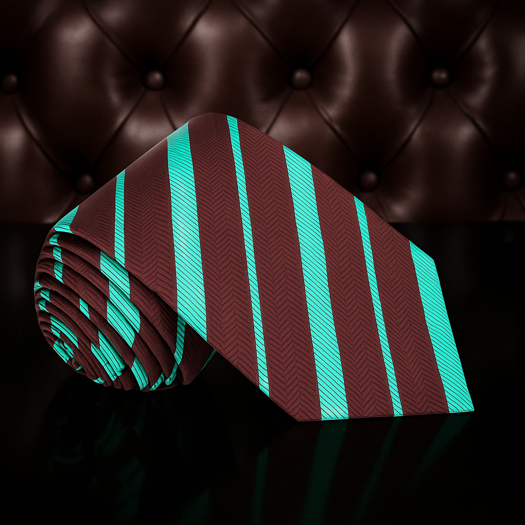 Rolled-up tie with red and green stripes on a dark leather background