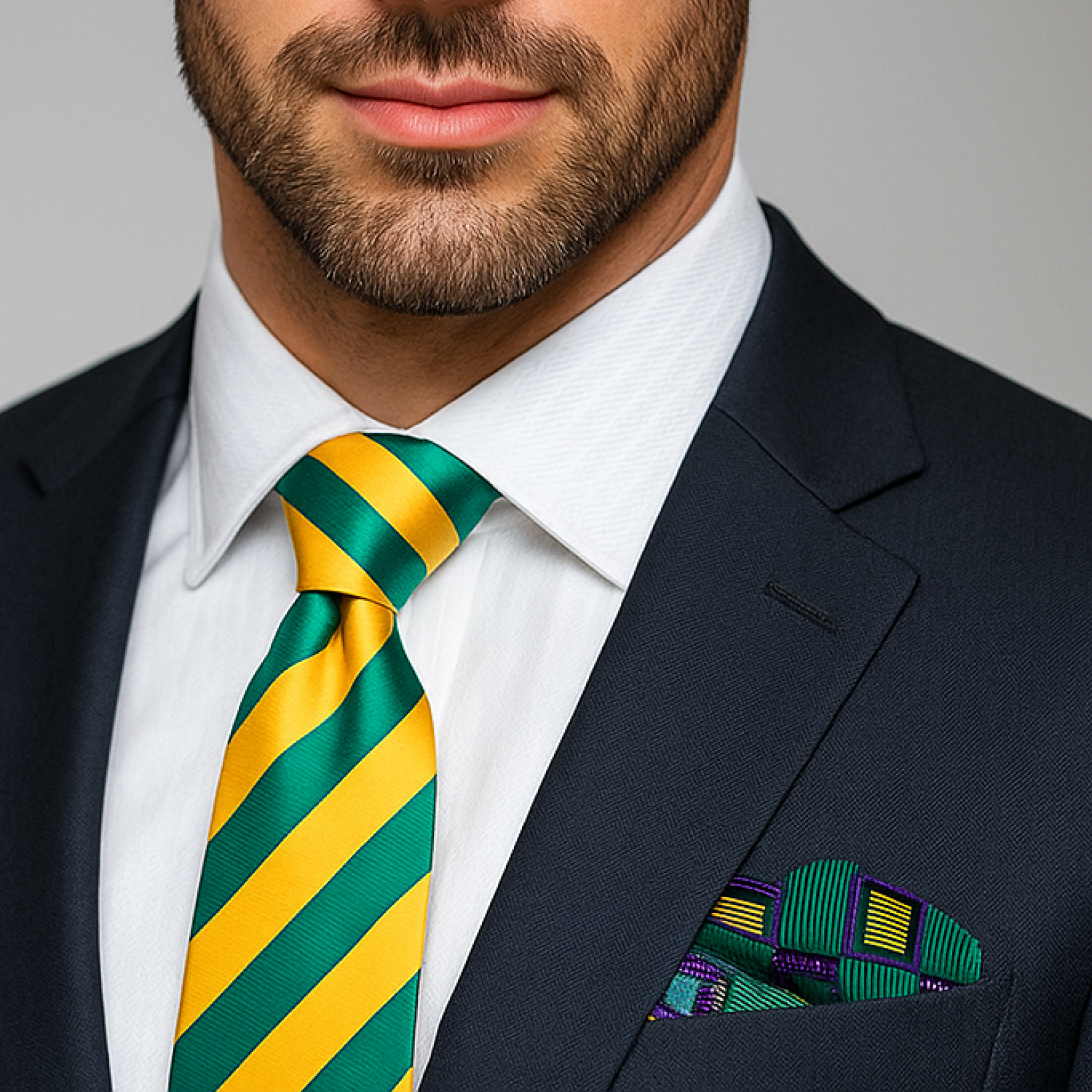 Man wearing a navy suit with a green and yellow striped tie and matching pocket square.