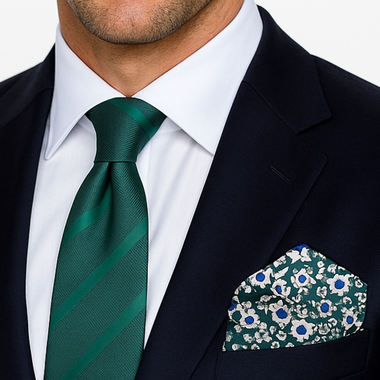 Green Stripe Tie and Accenting Floral Tie on man wearing suit