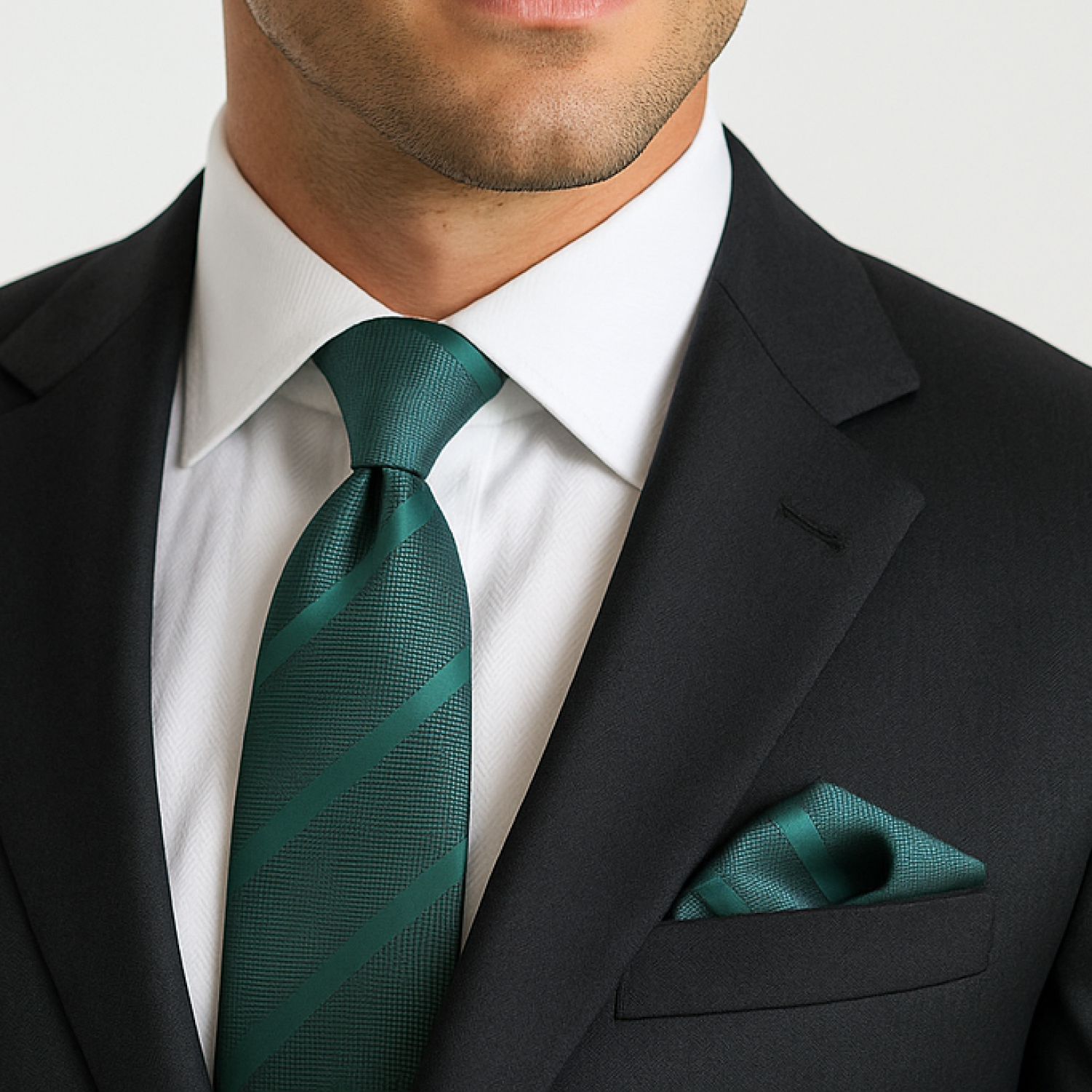 Man wearing nice suit and green striped tie and square