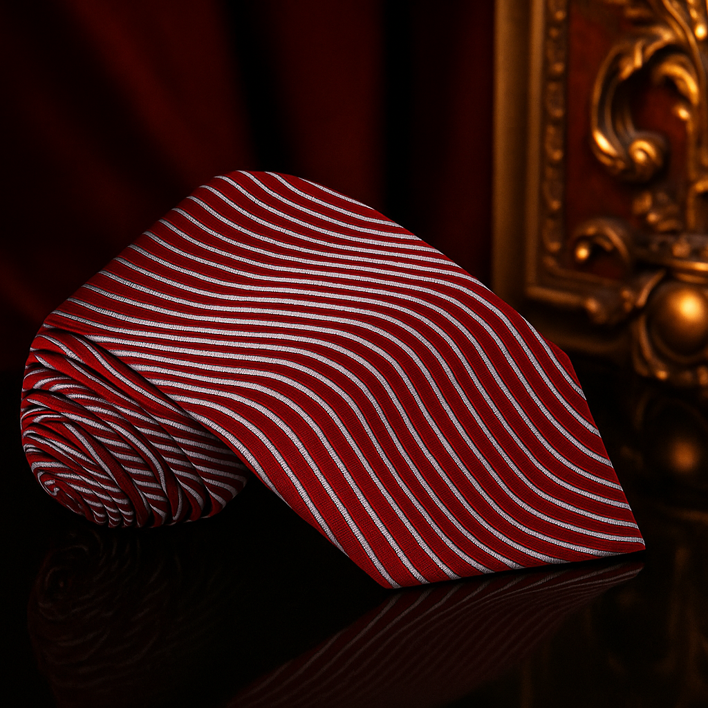 Folded red and white striped tie on a dark surface with a decorative background