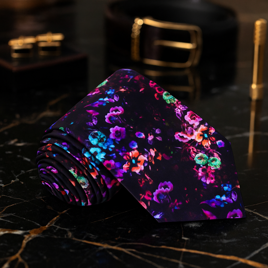 Colorful floral tie on a dark surface with a blurred background