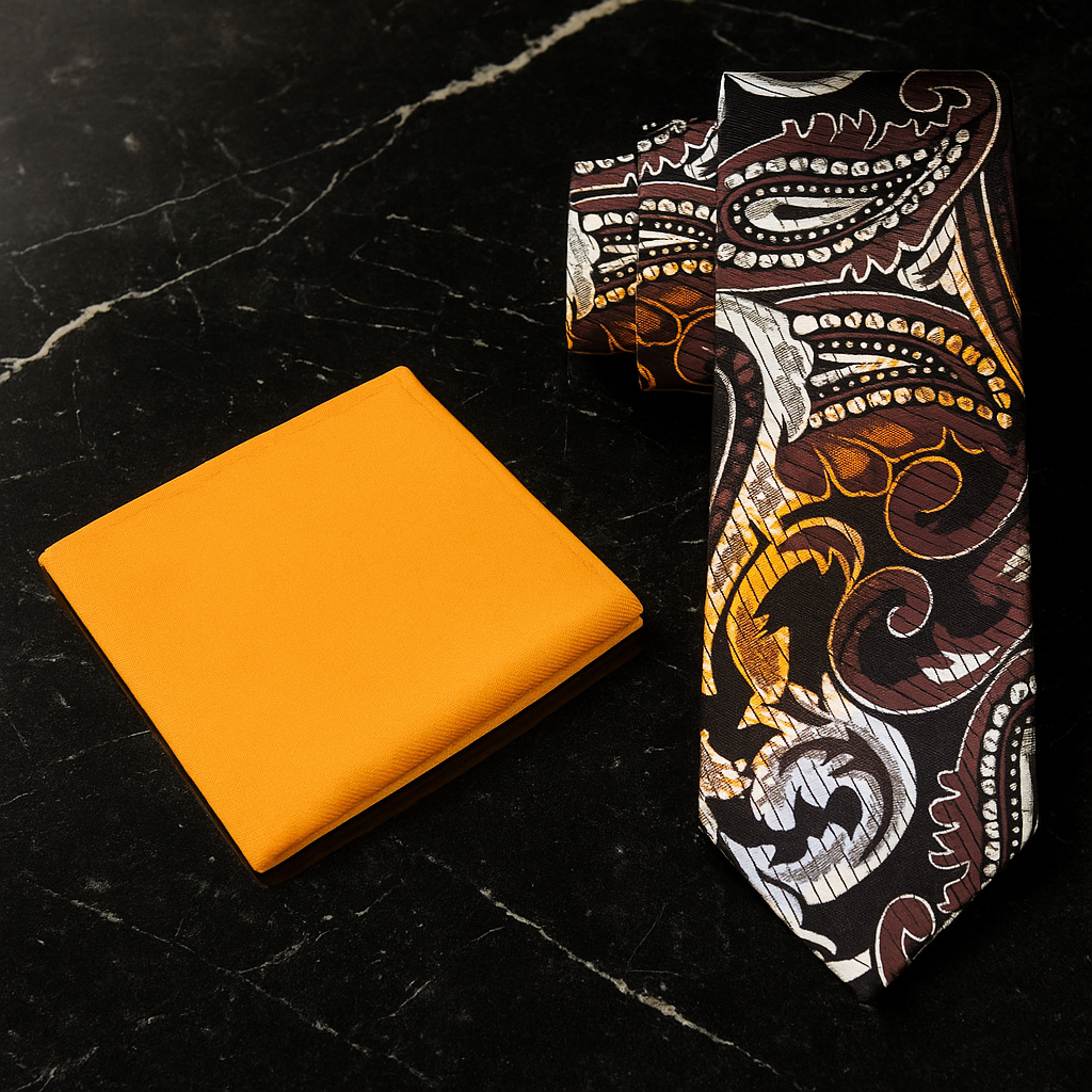 Decorative tie with intricate patterns next to a yellow wallet on a black marble surface