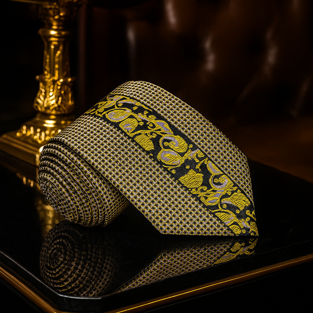 Folded tie with decorative pattern on a reflective surface