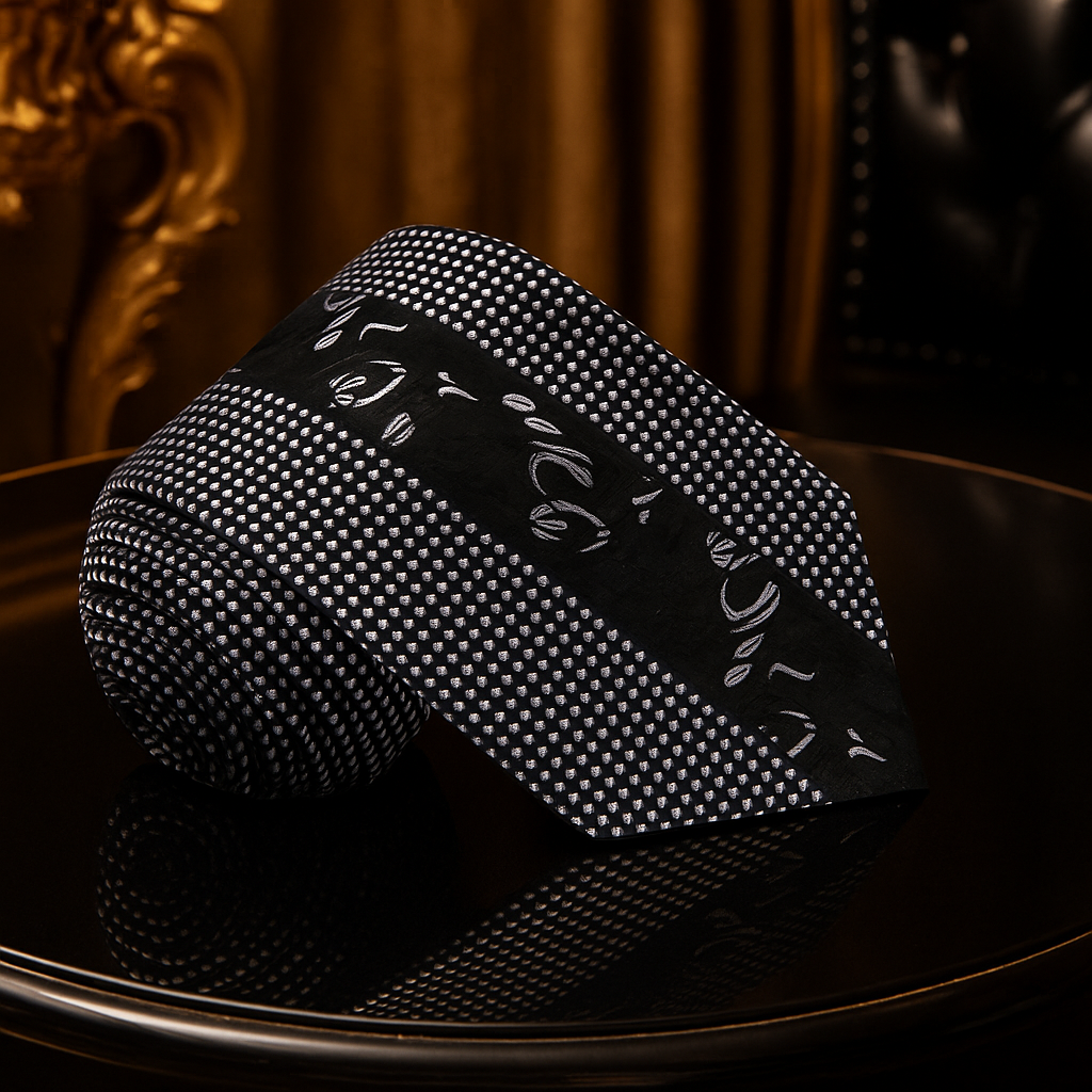 black grey tie on reflective surface