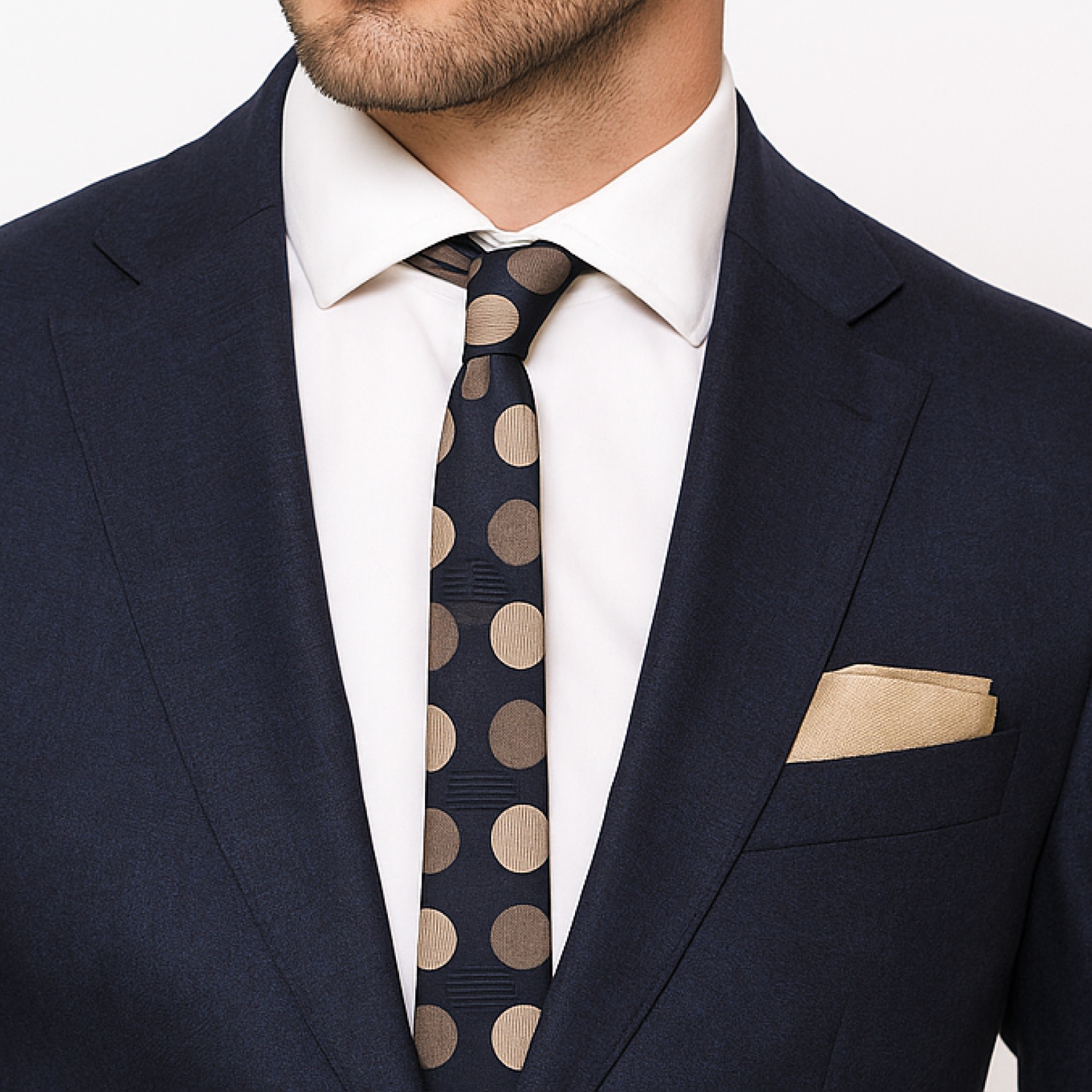 Man wearing a navy suit with a white shirt, patterned tie, and beige pocket square.