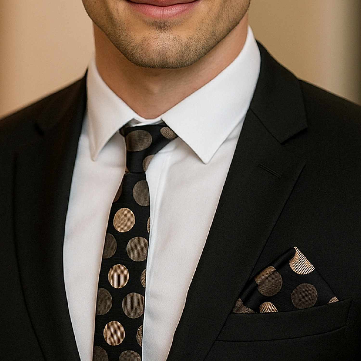 Man wearing a black suit with a patterned tie and pocket square.