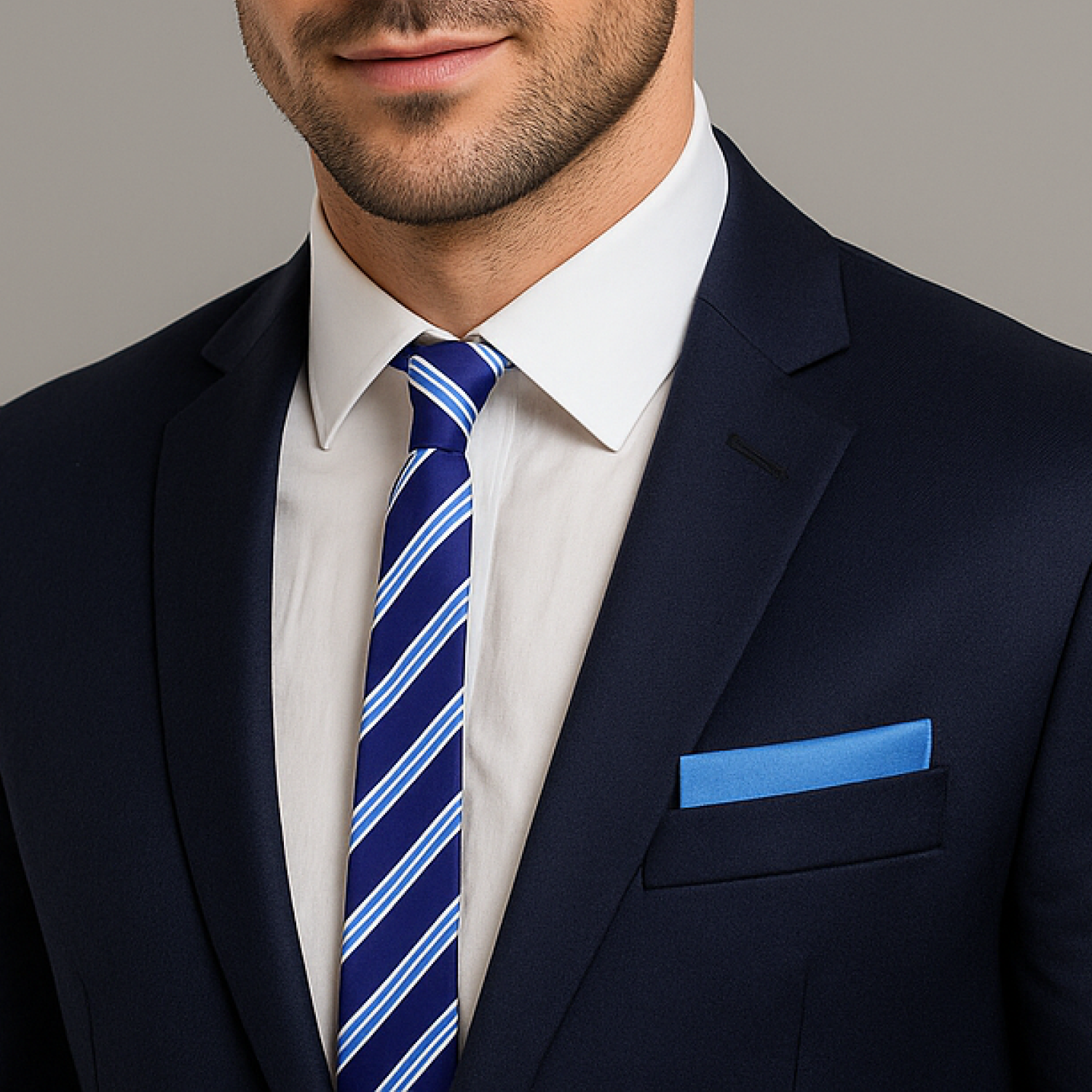 Man wearing a navy suit with a white shirt, blue striped tie, and matching pocket square on a gray background.
