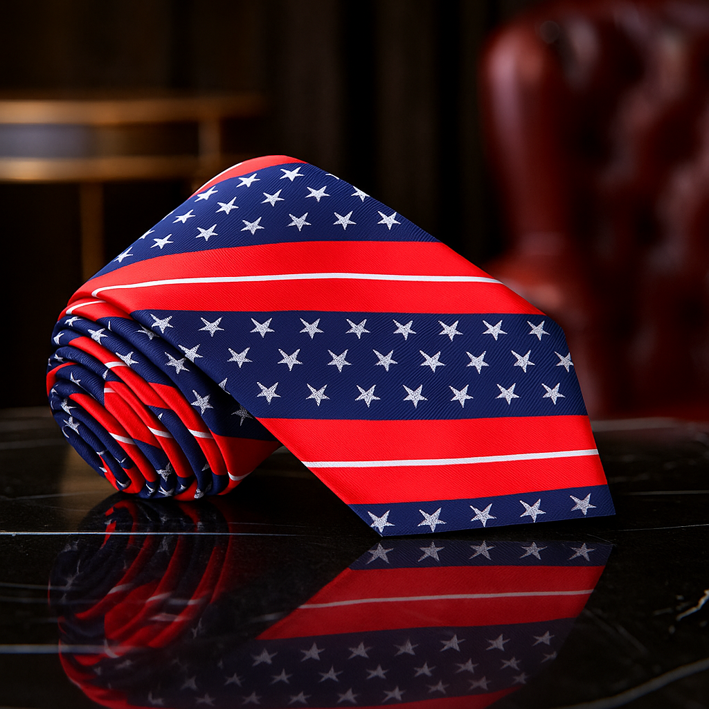 Folded American flag tie on a reflective surface with a blurred background