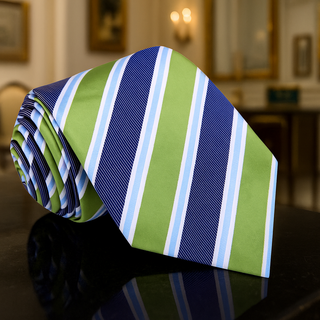 Green and blue striped tie on a dark surface with a blurred indoor background