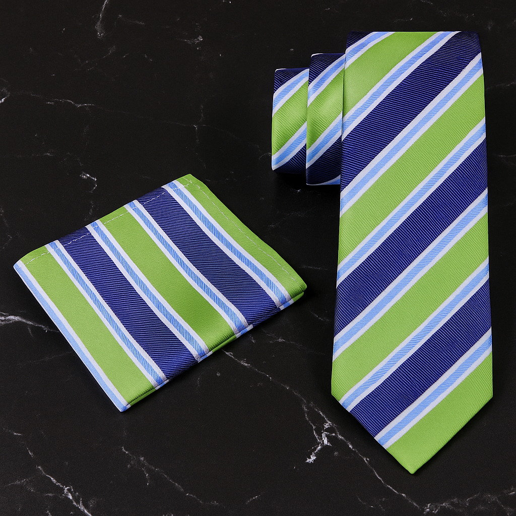 Green and blue striped tie and pocket square on a black marble surface