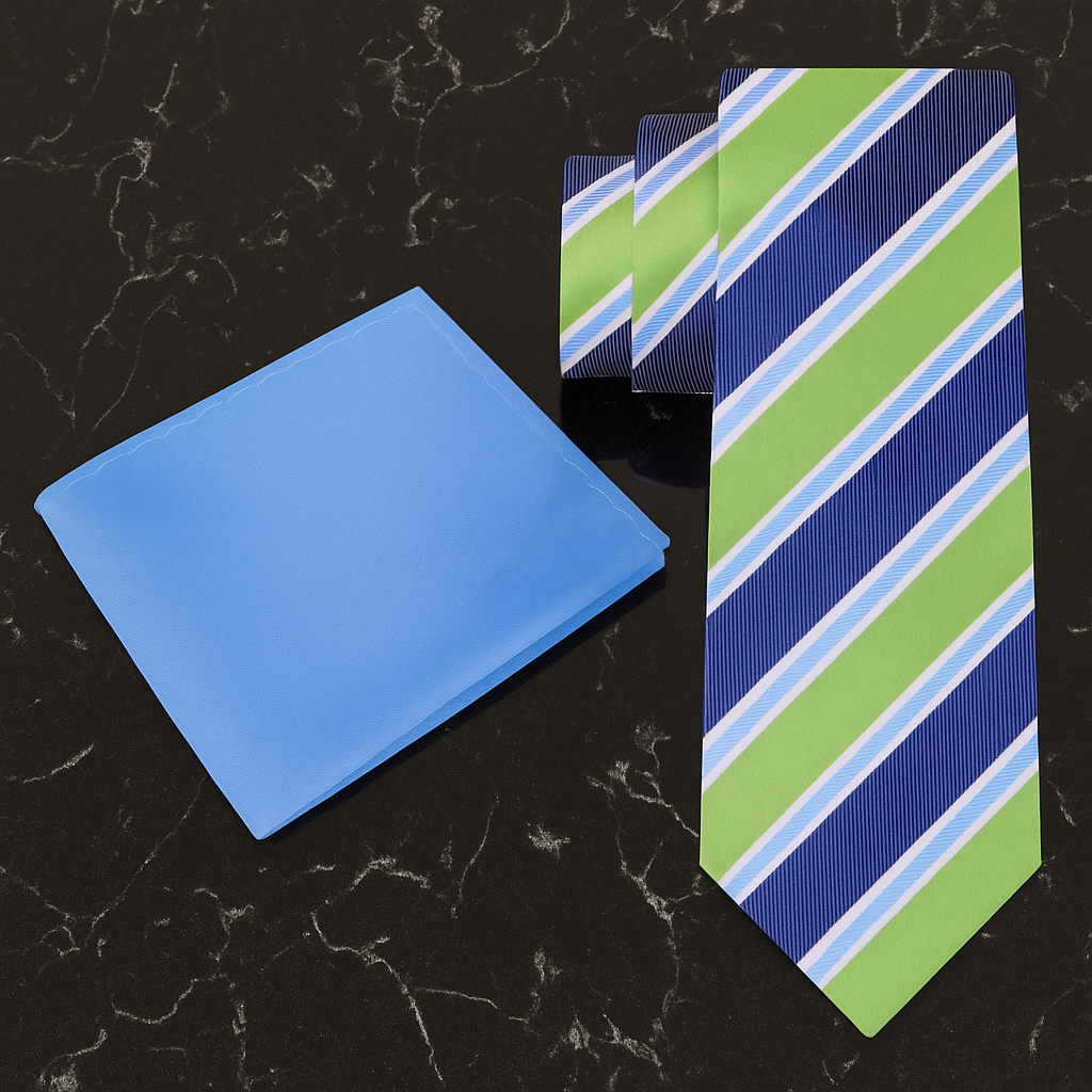 Blue pocket square and green striped tie on a black marble surface