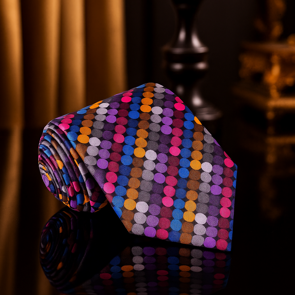 Colorful polka dot tie on a dark background