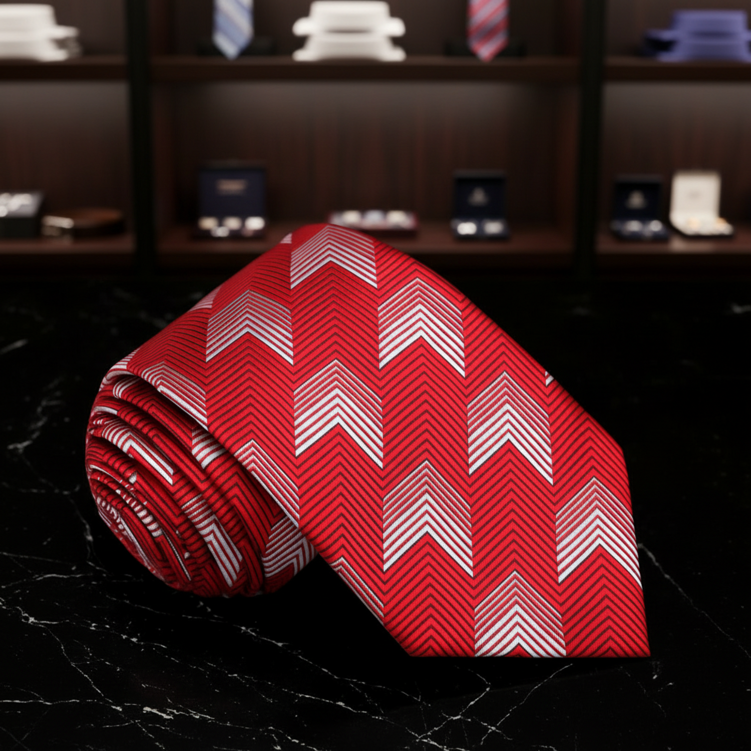 Red tie with white zigzag pattern on a textured black background