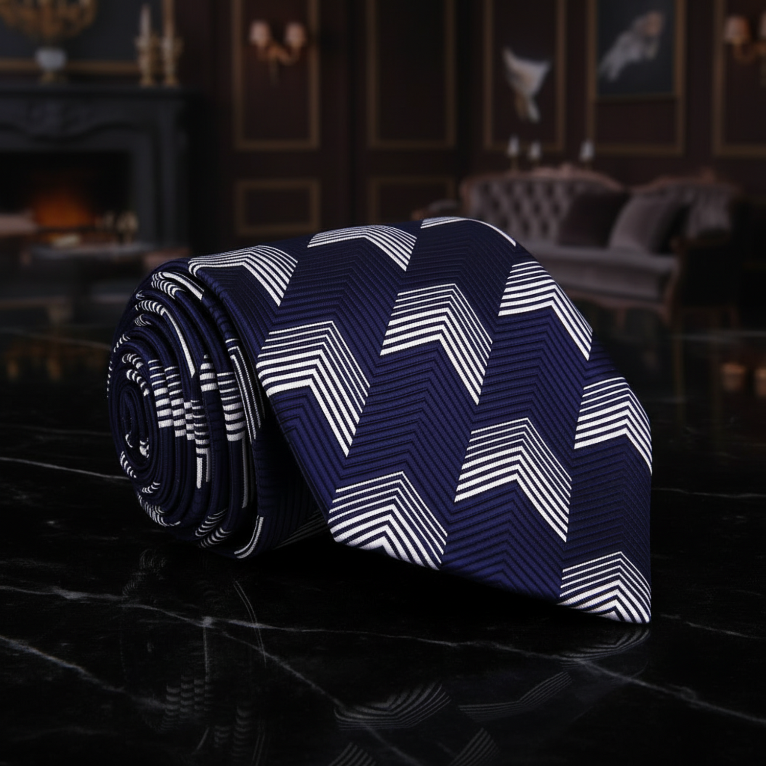 Navy blue tie with white chevron pattern on a dark marble surface