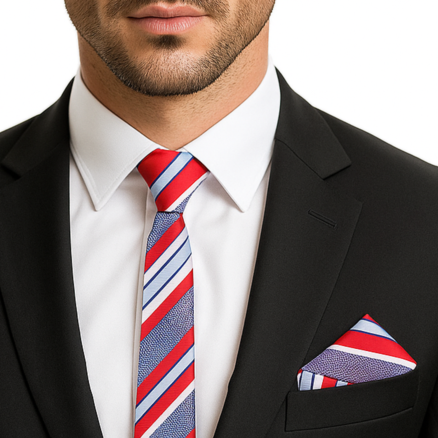 Man wearing a black suit with a red, white, and blue striped tie and pocket square.