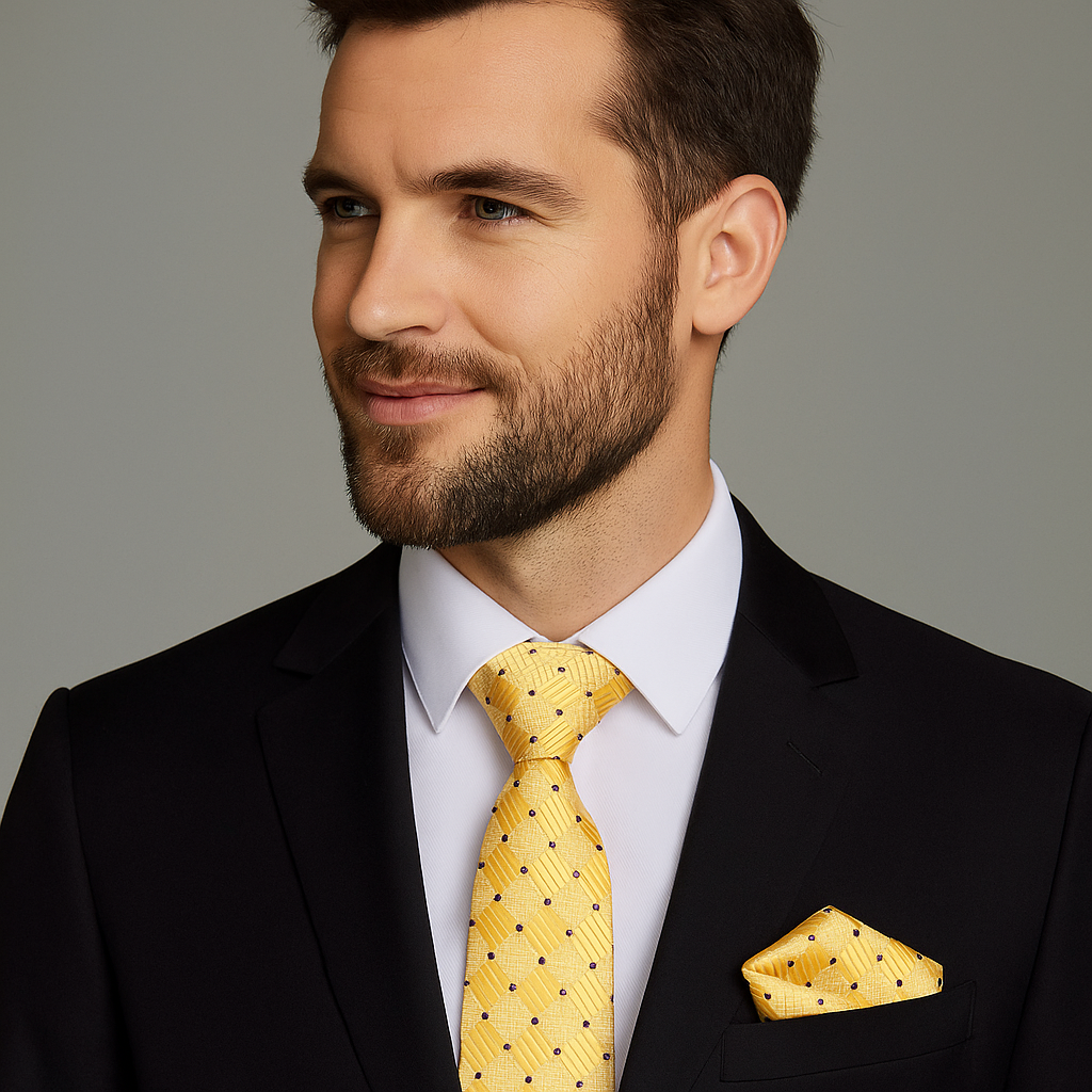 Man wearing a black suit with a yellow polka dot tie and pocket square on a gray background