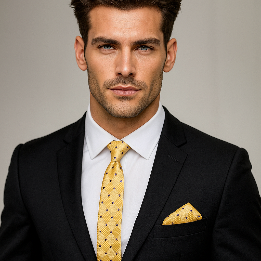 Man wearing a black suit with a yellow tie and pocket square against a neutral background