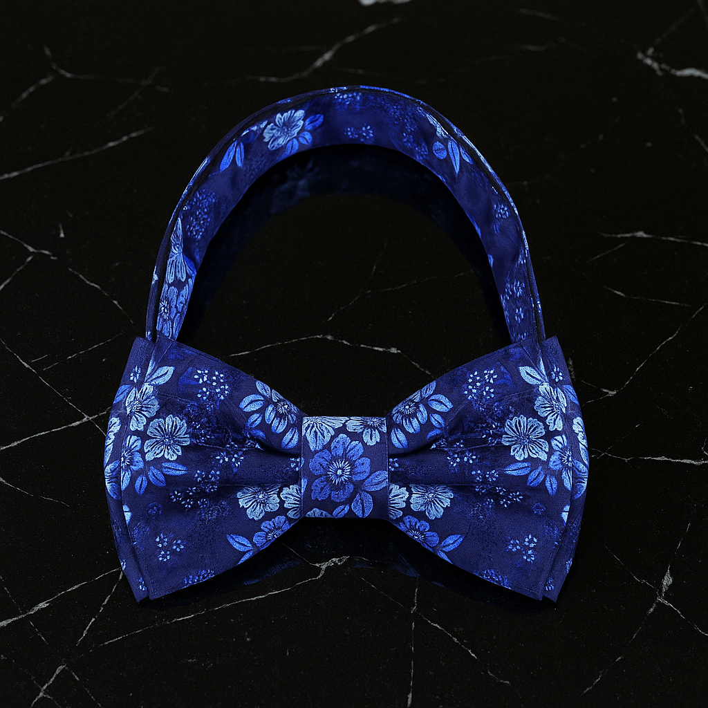 Blue floral bow tie on a black textured background