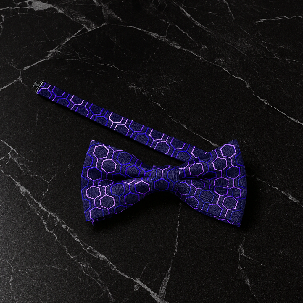 Purple geometric patterned bow tie on a black marble surface
