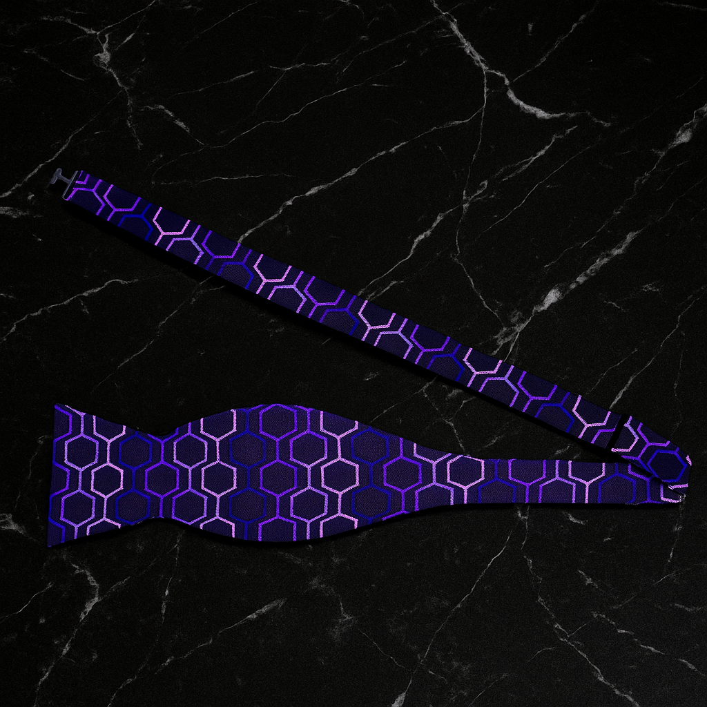 Blue and purple honeycomb patterned bow tie on a black marble background