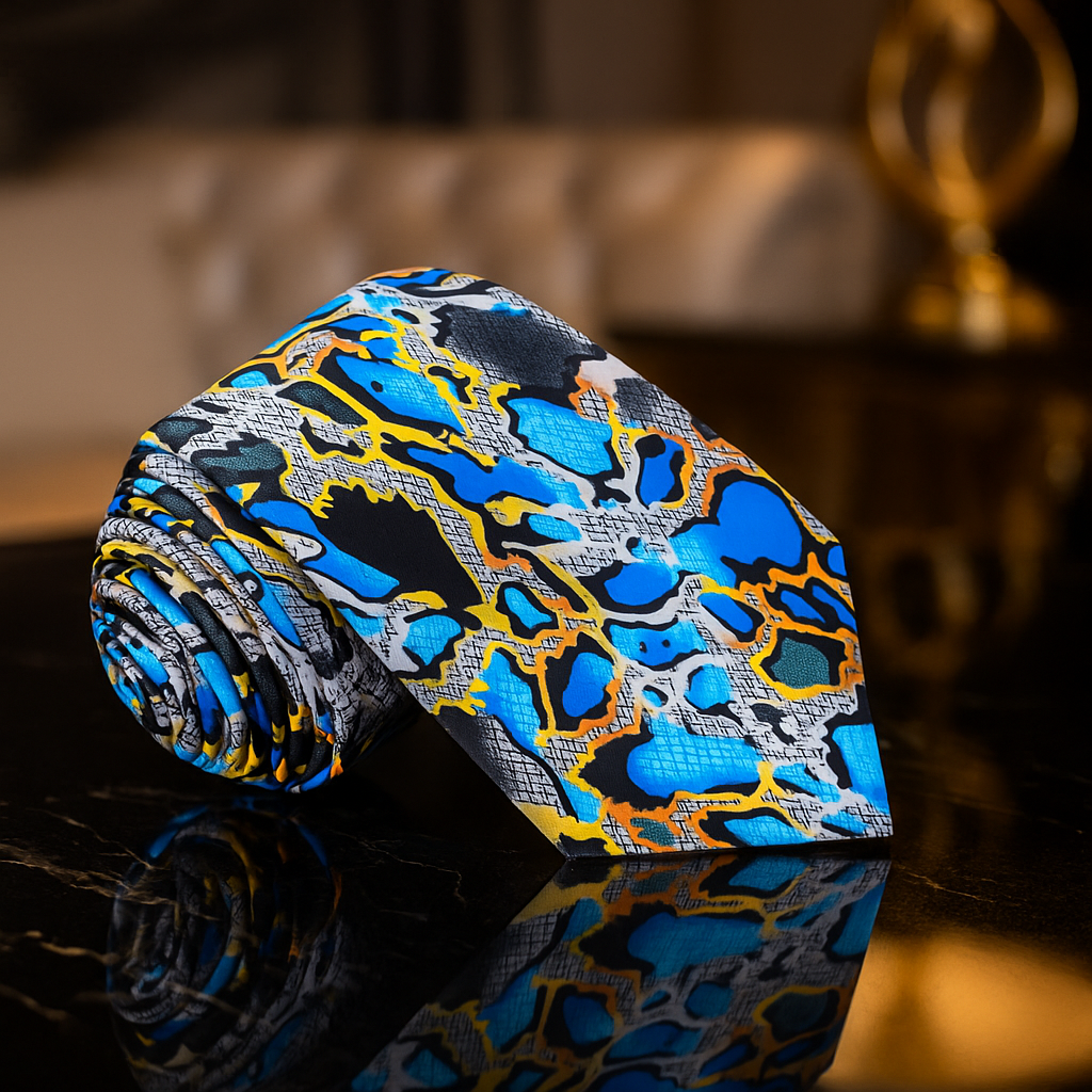 Patterned tie on a reflective surface with a blurred background