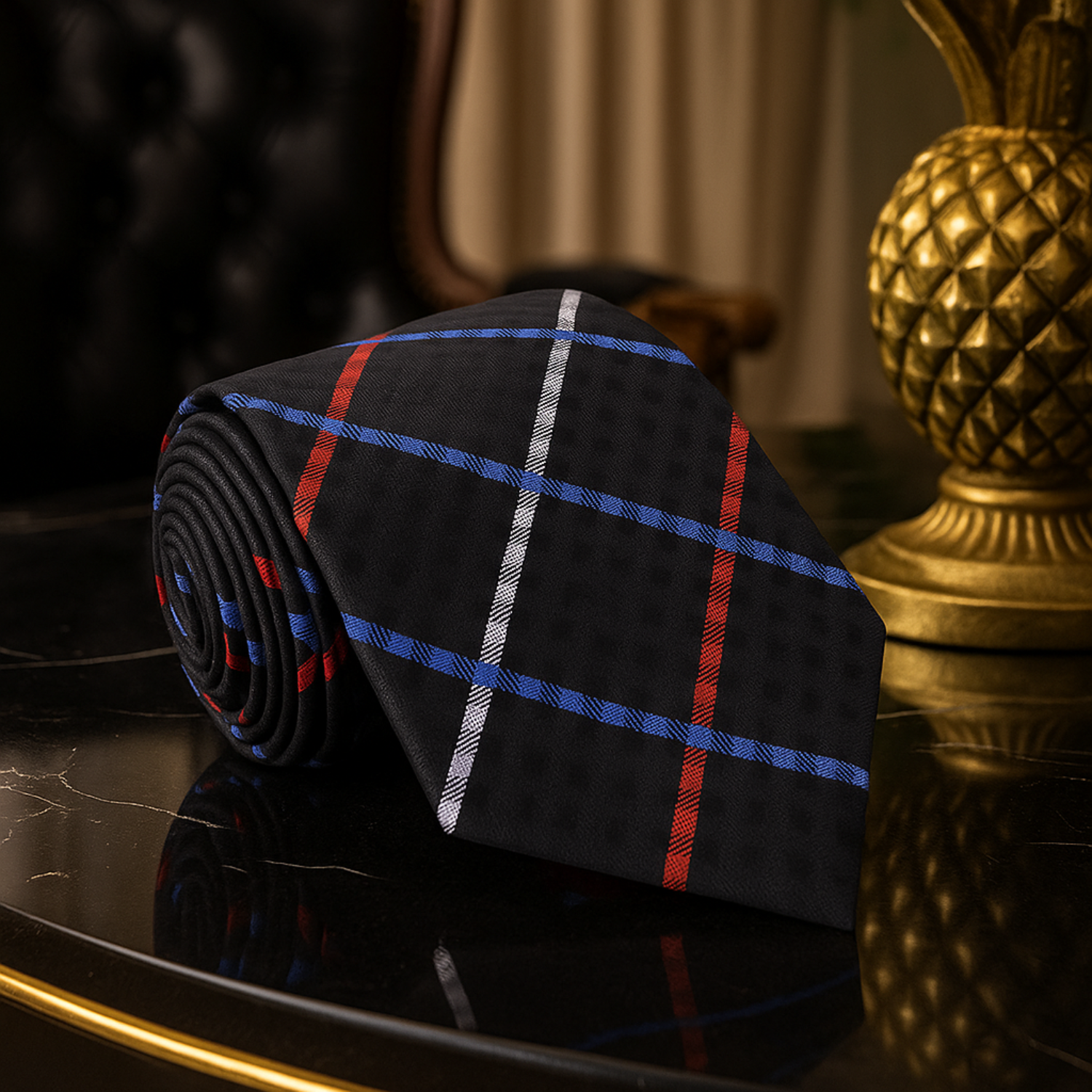 Roll of black plaid tie with red and blue stripes on a reflective surface.