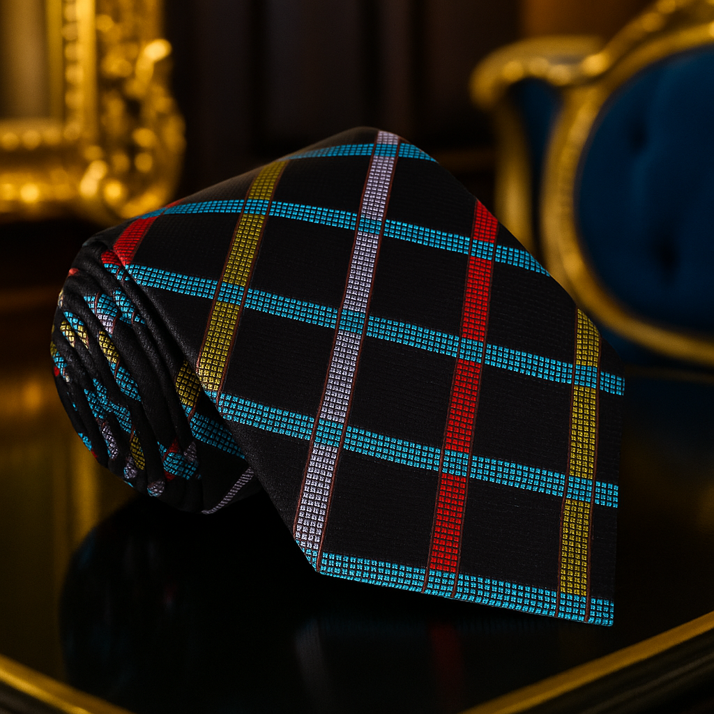 Black, Grey, Red, Yellow and Light Blue Geometric Tie  