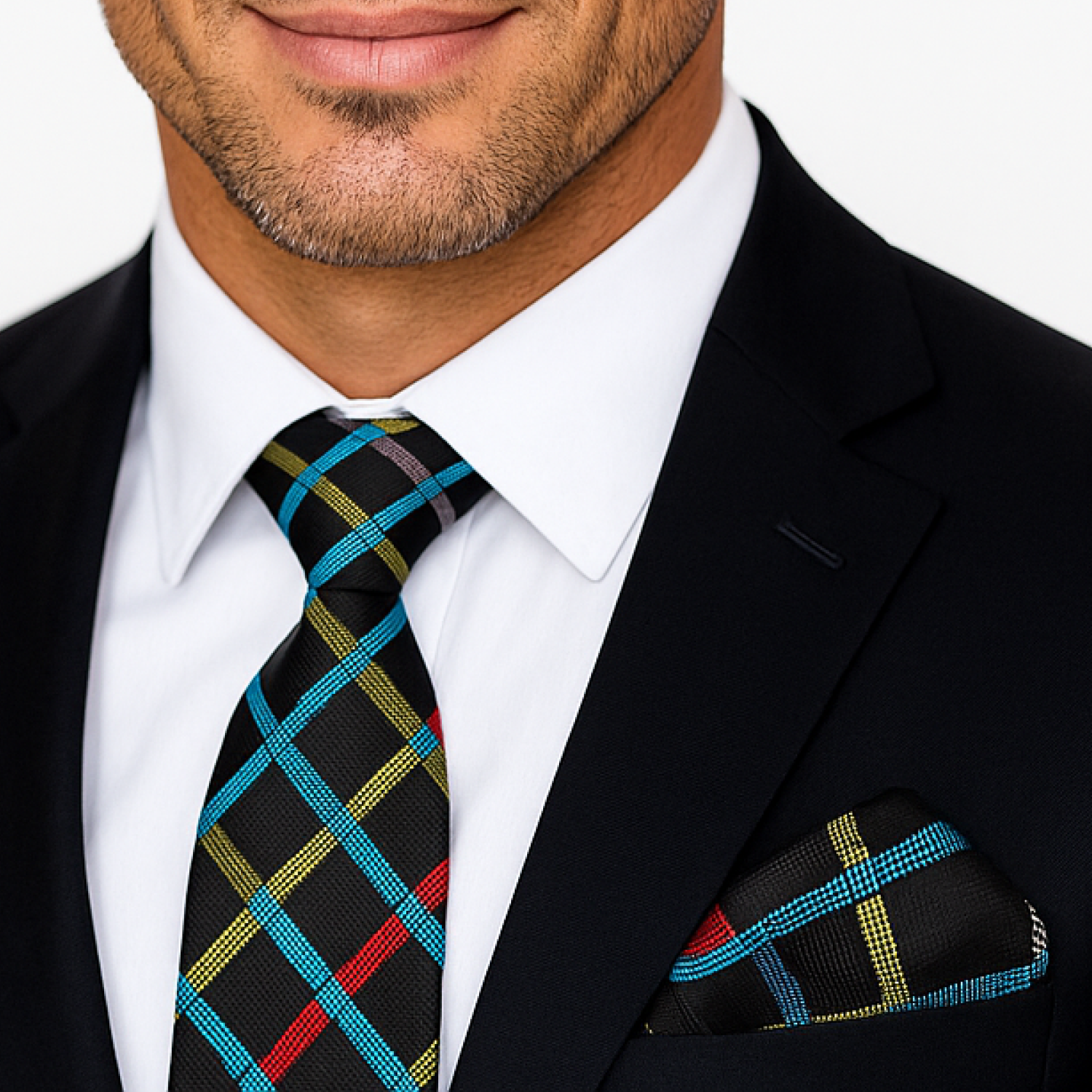 Man wearing a black suit with a Black Divine Geometric Tie and Handkerchief