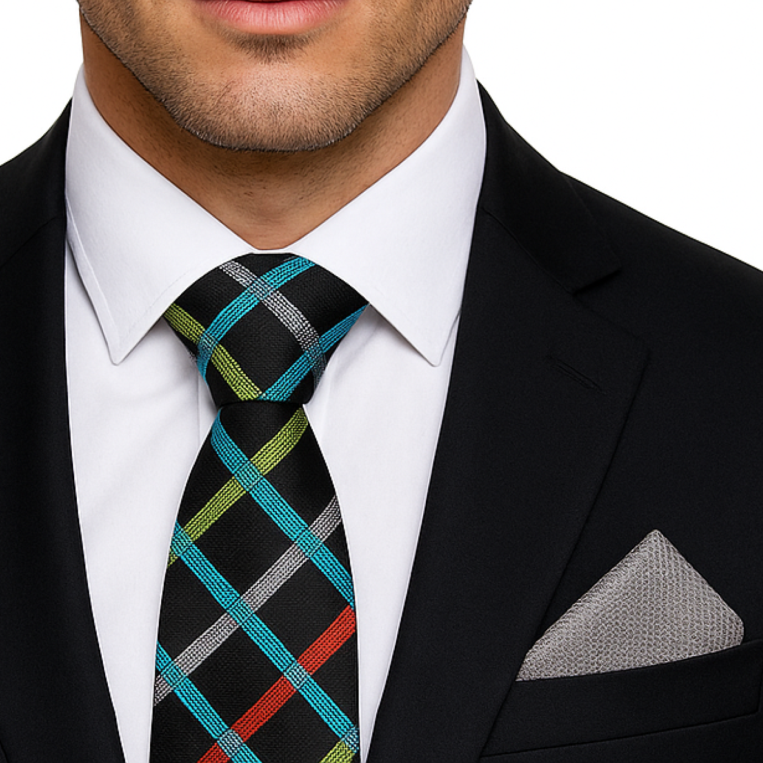 Man wearing Black Divine Geometric Tie and Solid Grey Pocket Square
