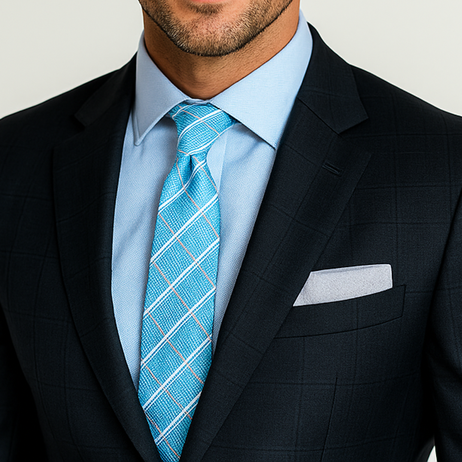Light Blue, Grey & White Plaid Necktie