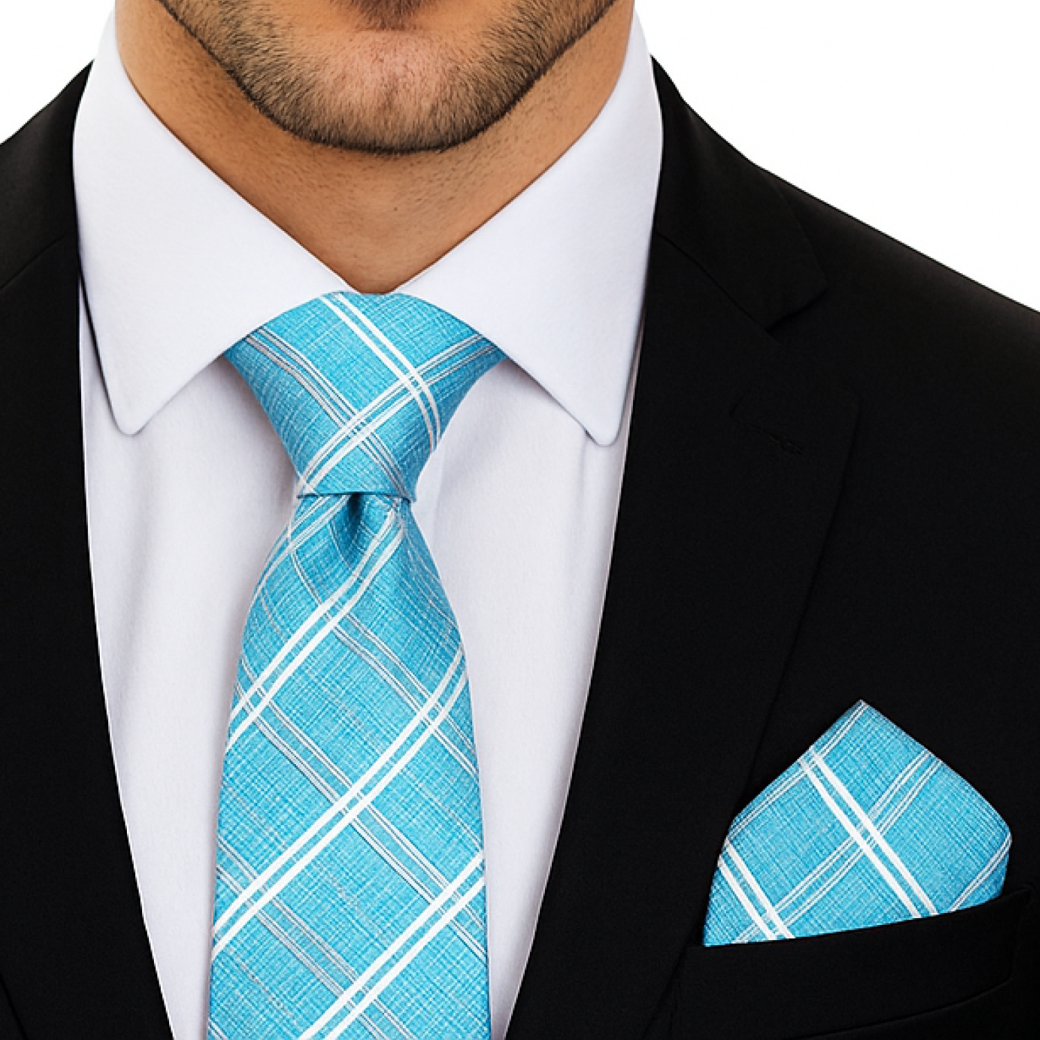 Light Blue, Grey Plaid Tie and Square