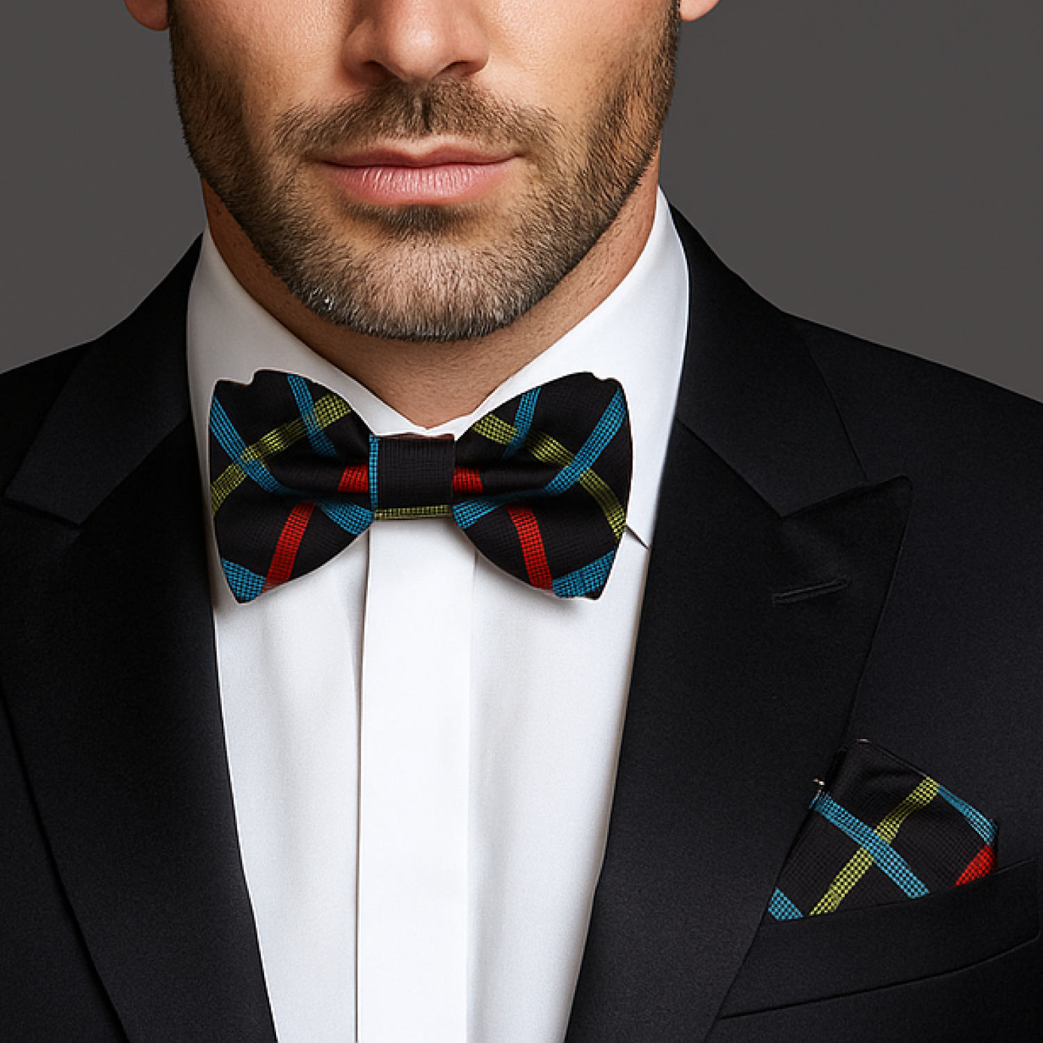 Man wearing a black suit with a Black, Red, Yellow and Grey Plaid Bow Tie and Pocket Square.