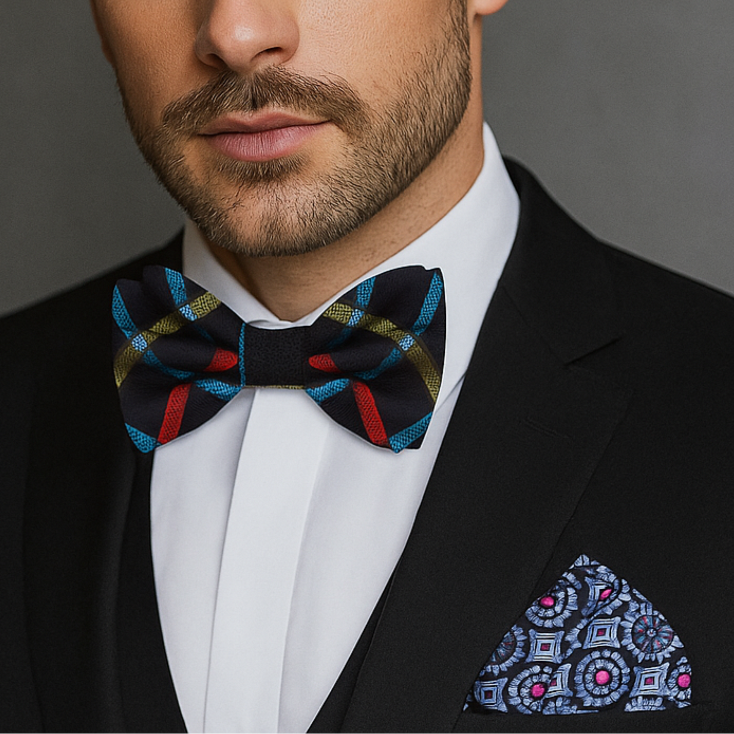 Man wearing a black suit with a Black, Red, Yellow and Grey Plaid Bow Tie and Accenting Pocket Square