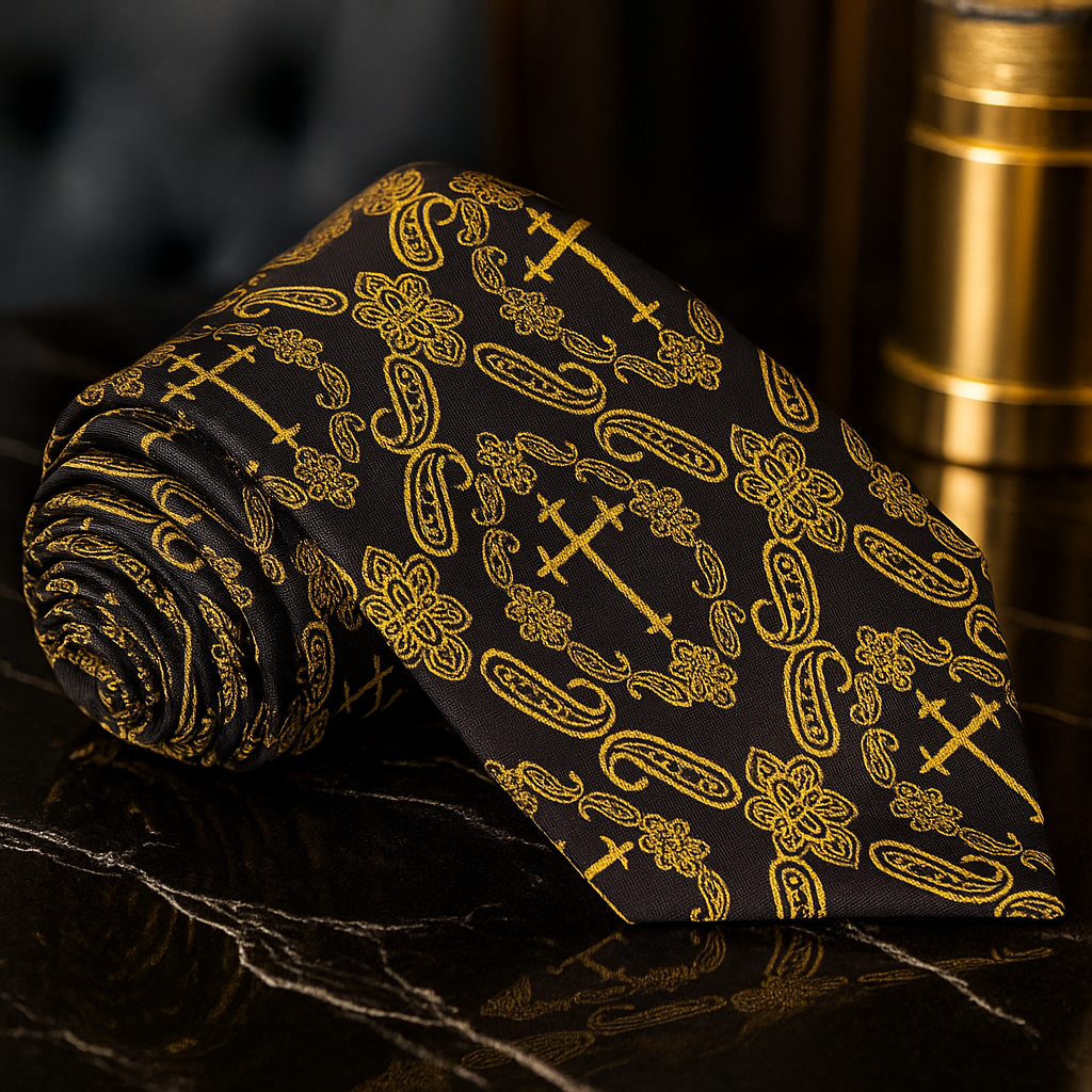 Black tie with gold intricate patterns on a reflective surface