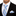 Man wearing a black suit with a white shirt, blue striped tie, and matching pocket square.