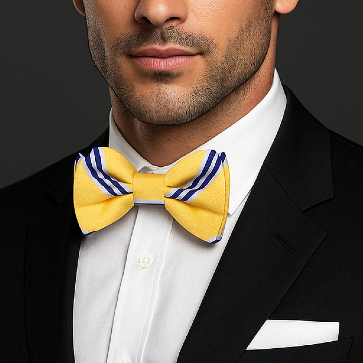 Man wearing a black suit with a white shirt and yellow bow tie with blue stripes on a dark background