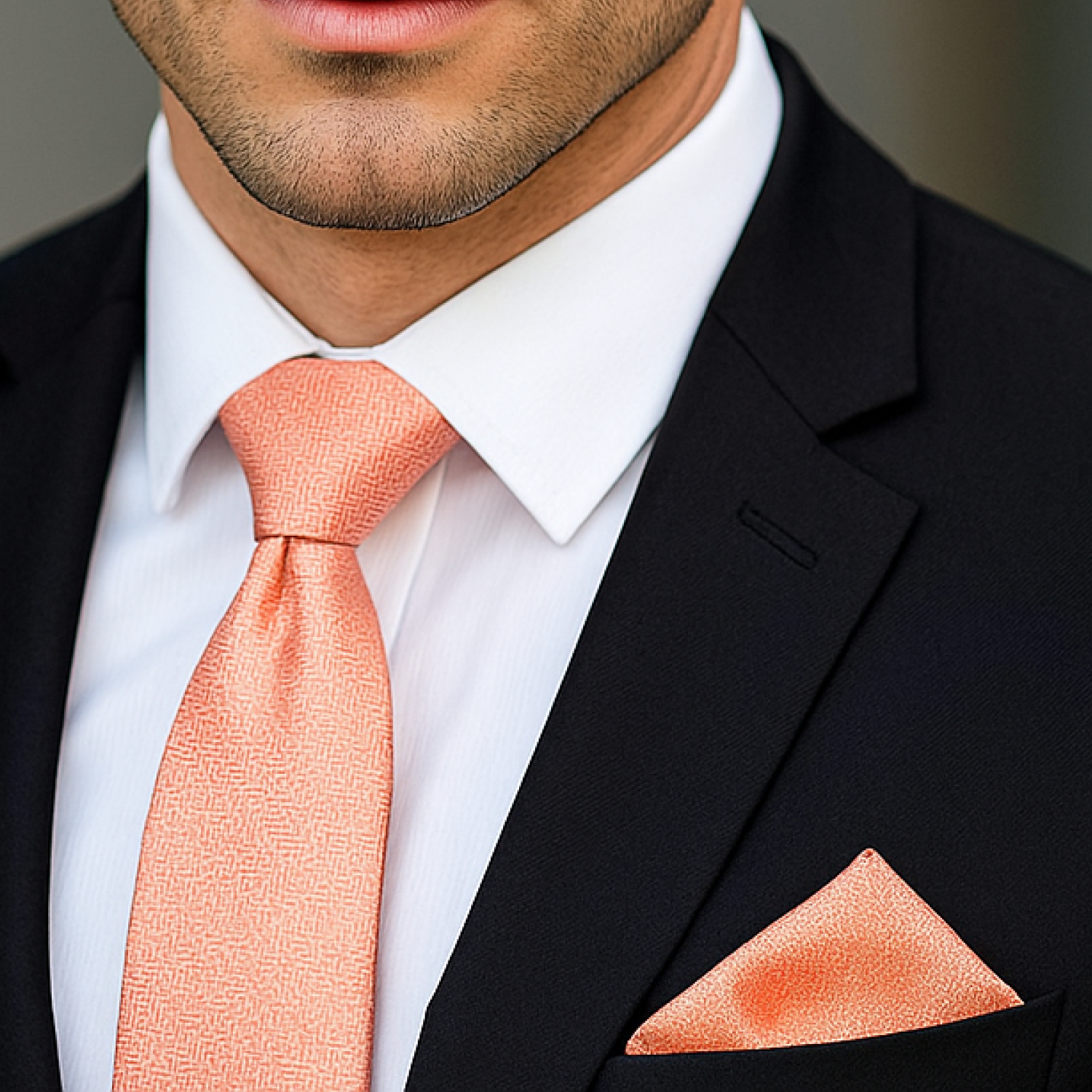 Man wearing a black suit with a white shirt, peach tie, and matching pocket square.