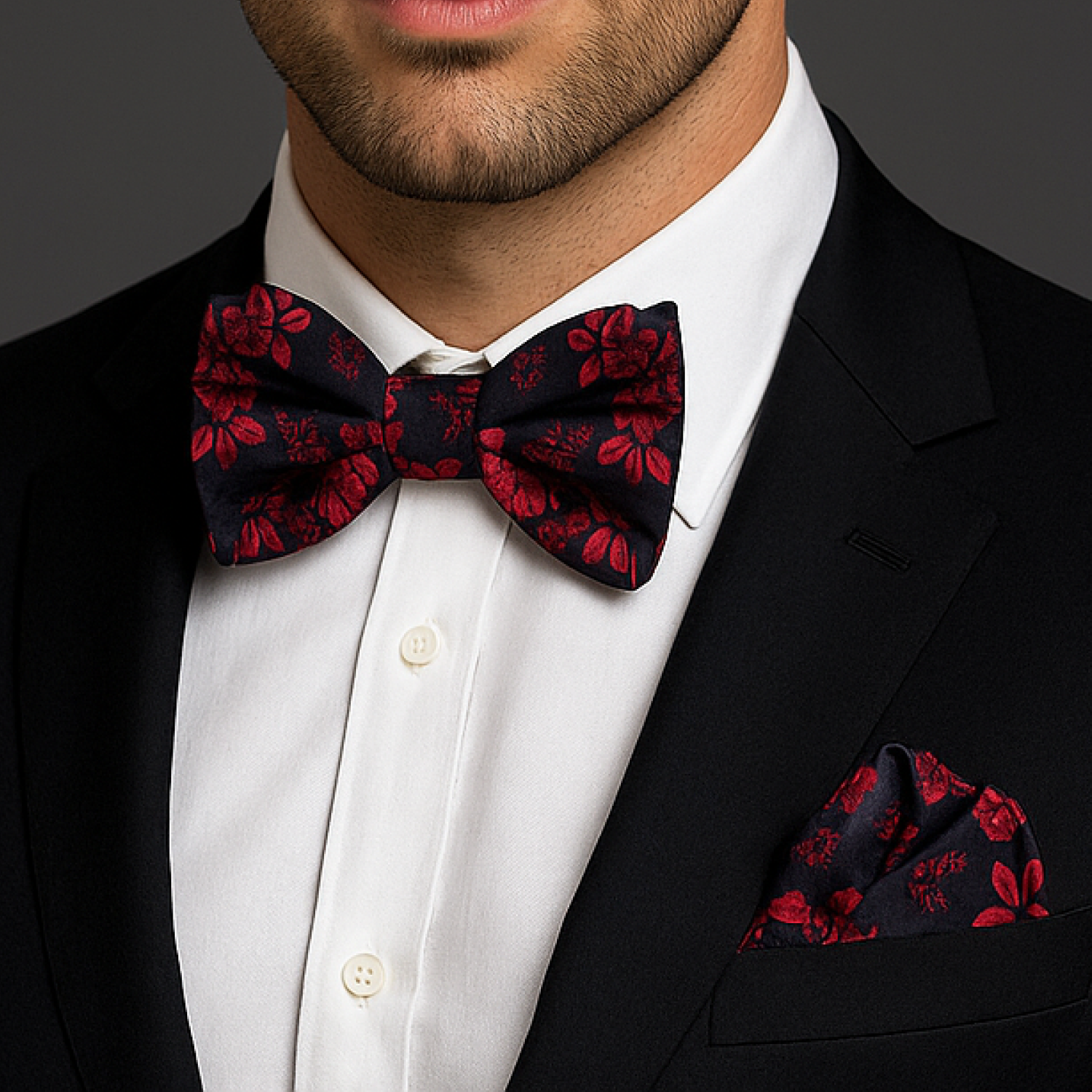 Black Red Original Floral Bow Tie and Square on man wearing suit