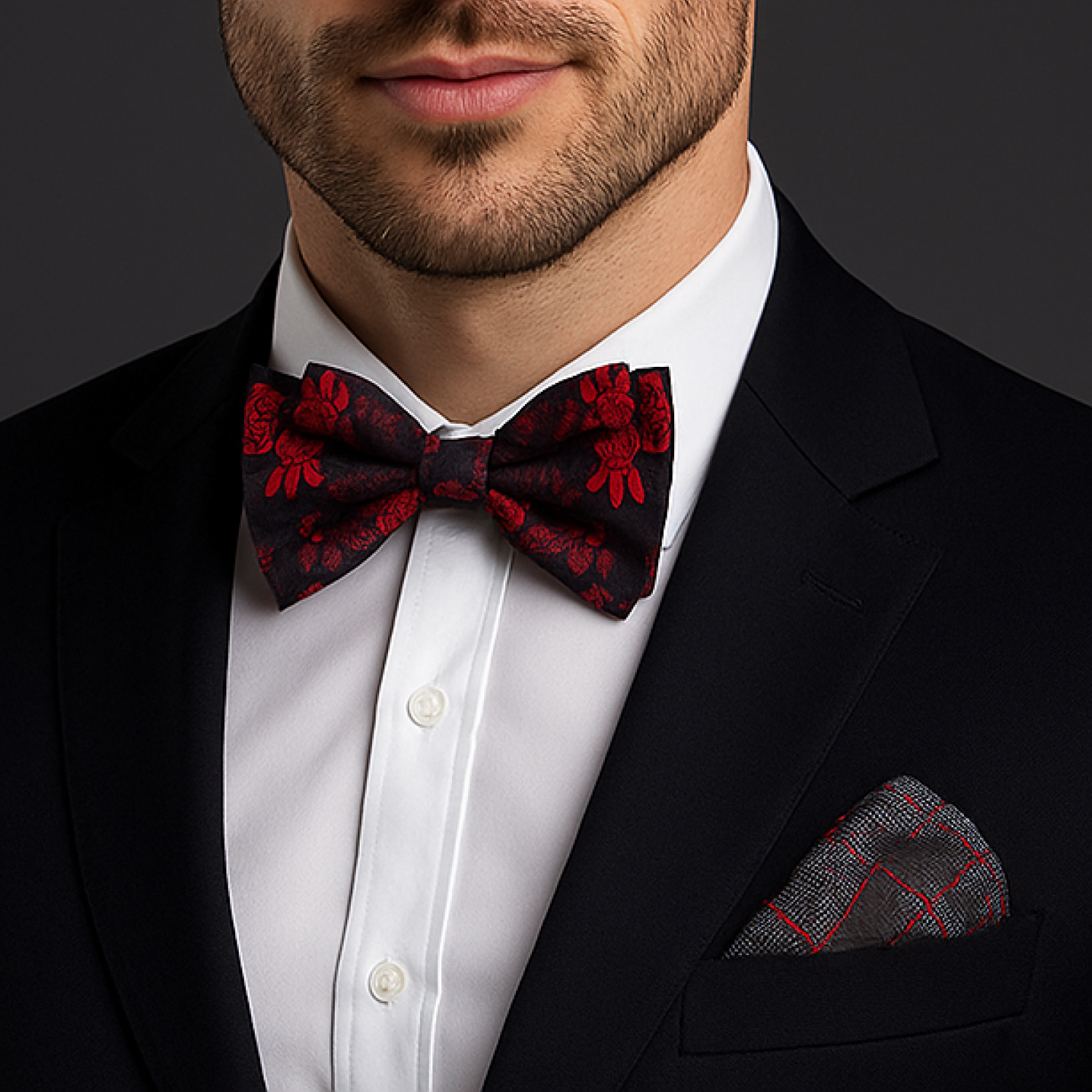 Black Red Original Floral Bow Tie and Plaid Square on man wearing suit