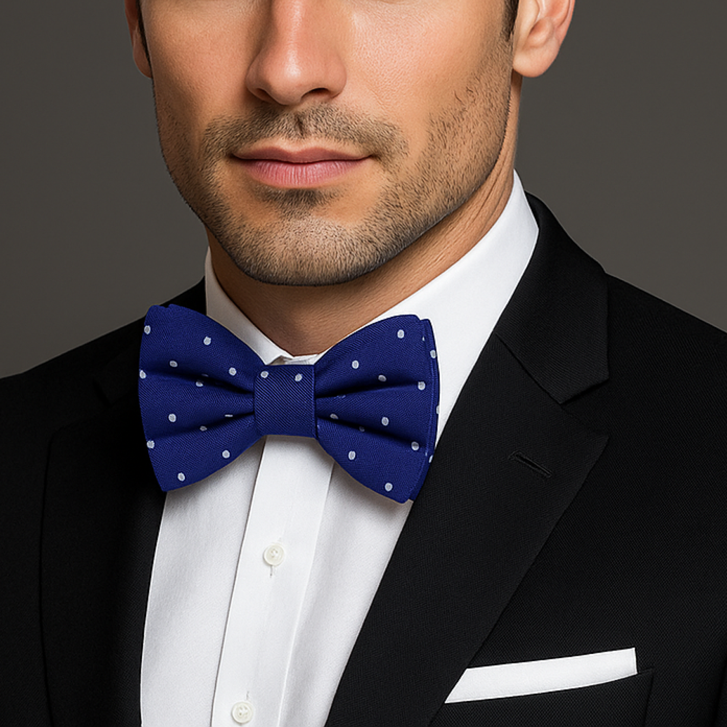 Blue and White Polka Bow Tie and white Square on man 