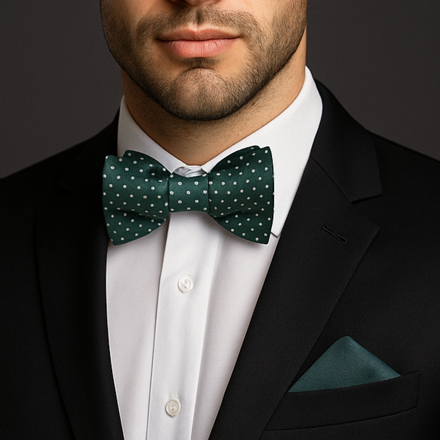 Man wearing a black tuxedo with a green polka dot bow tie against a dark background