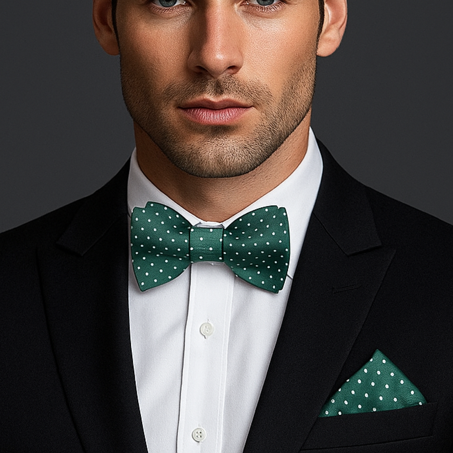 Man wearing a black suit with a green polka dot bow tie and pocket square against a dark background