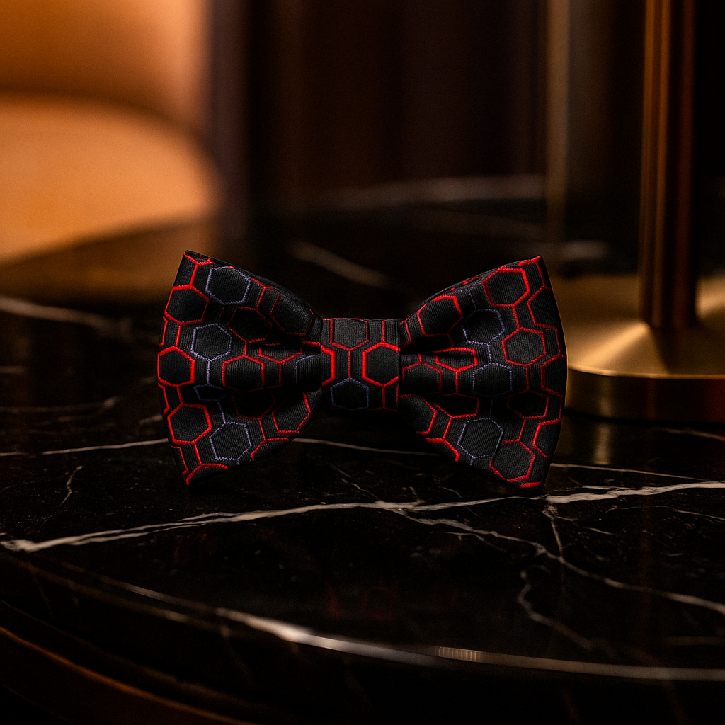 Black bow tie with red geometric pattern on a dark surface