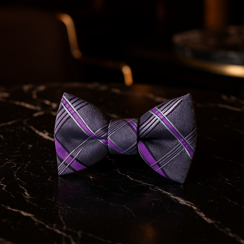 Purple plaid bow tie on a dark surface